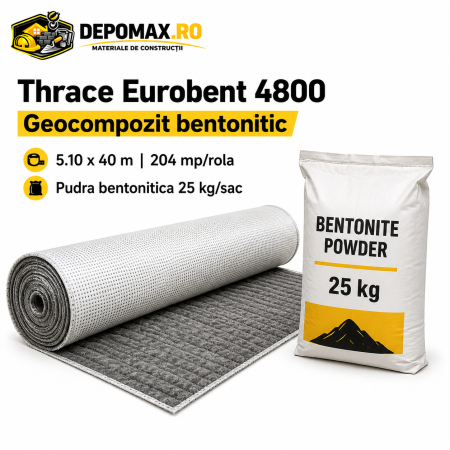 Thrace Eurobent 4800 geocompozit bentonitic, 5,10 x 40 m, 204 mp/rola + pudra bentonitica 25 kg